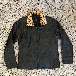 Black leather jacket with shearling collar